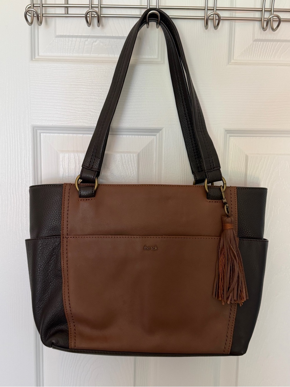 The Sak Brown & Dark Brown Two-Tone Leather Shoulder Bag with Tassel